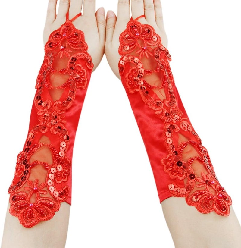 PURFUN Girls Princess Satin Lace Long Fingerless Gloves - Holy Communion, Halloween, Wedding, Flower Girl - Image 1